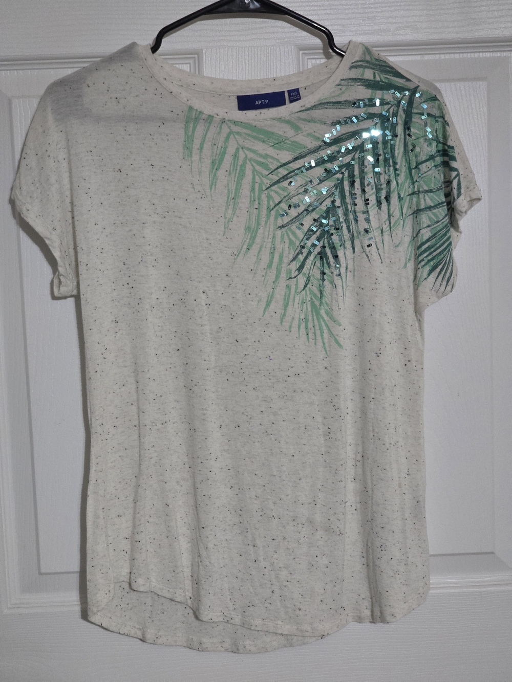 Apt. 9 Cream Short-Sleeve Palm-Print Top with Teal Sequins